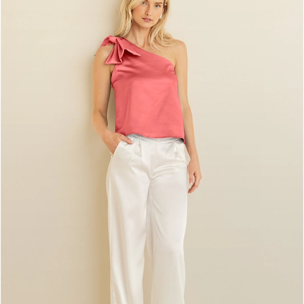 Venus Elegant Pink Coral One-Shoulder Bow Detail Satin Top Size 12 NEW - Picture 3 of 9